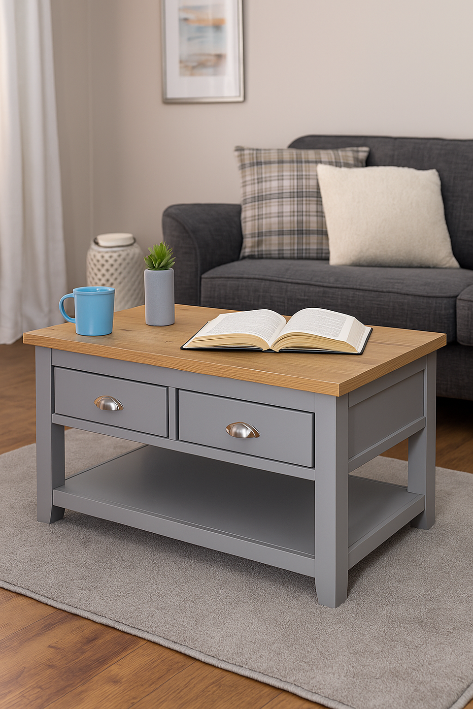 Modern Coffee Table with 2 Drawers and Storage Shelf Rectangular Living Room Furniture in Light Grey with Oak Top