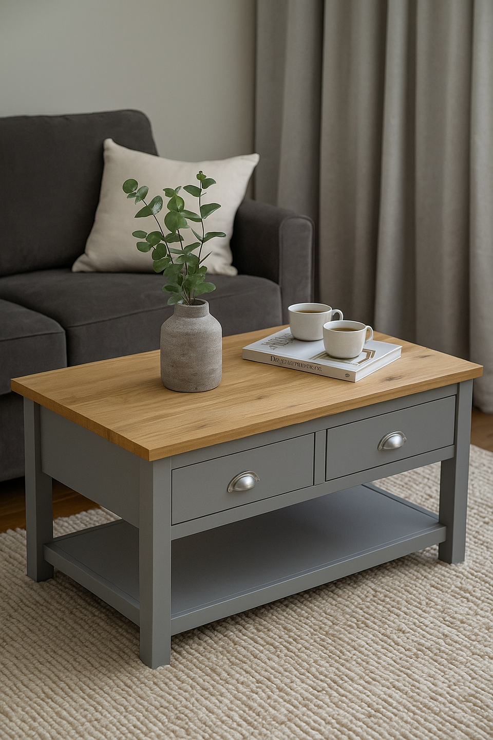 Modern Coffee Table with 2 Drawers and Storage Shelf Rectangular Living Room Furniture in Light Grey with Oak Top