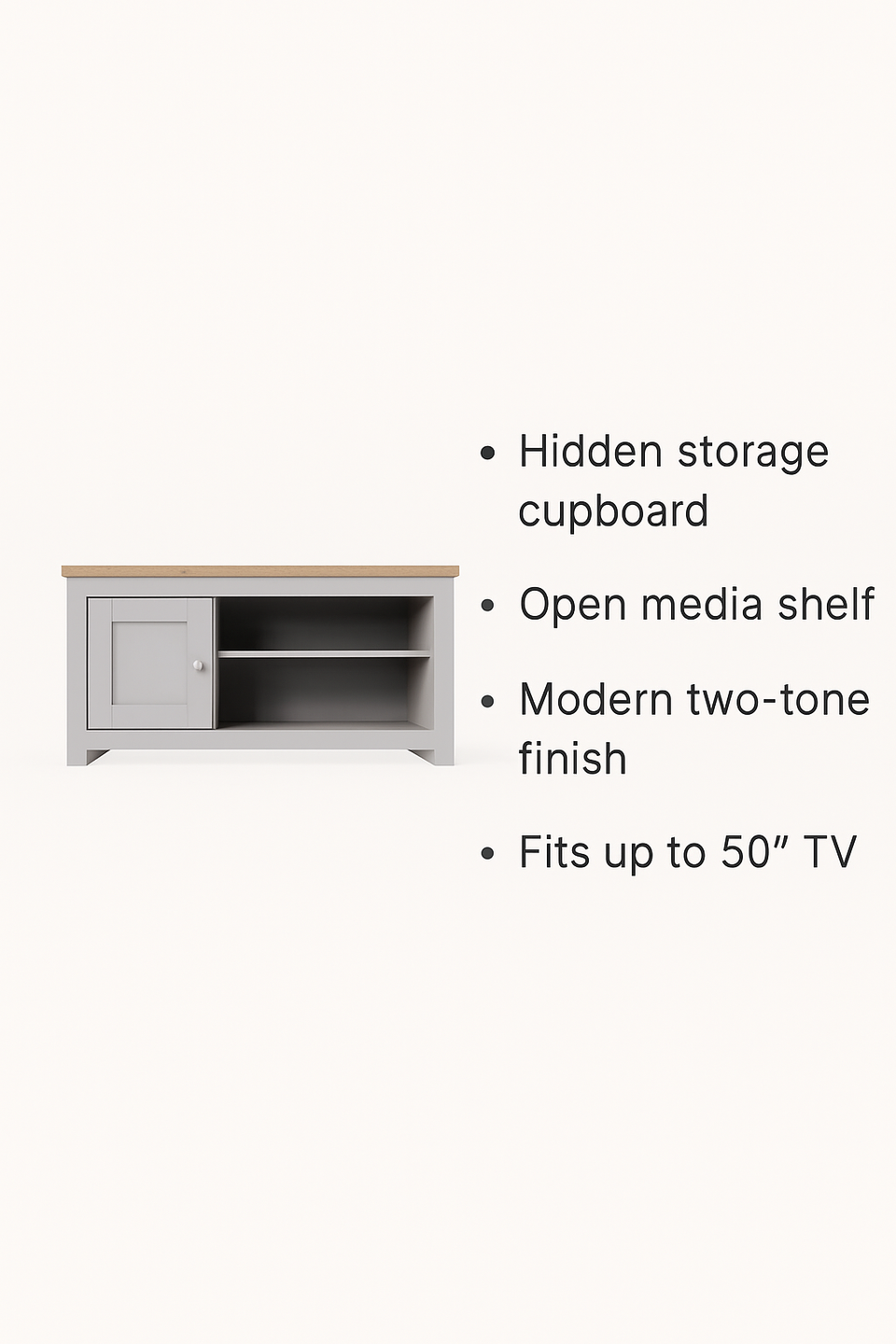 TV Stand Cabinet Unit – Modern TV Unit with 1 Door and Open Shelf in Light Grey with Cascading Oak Top