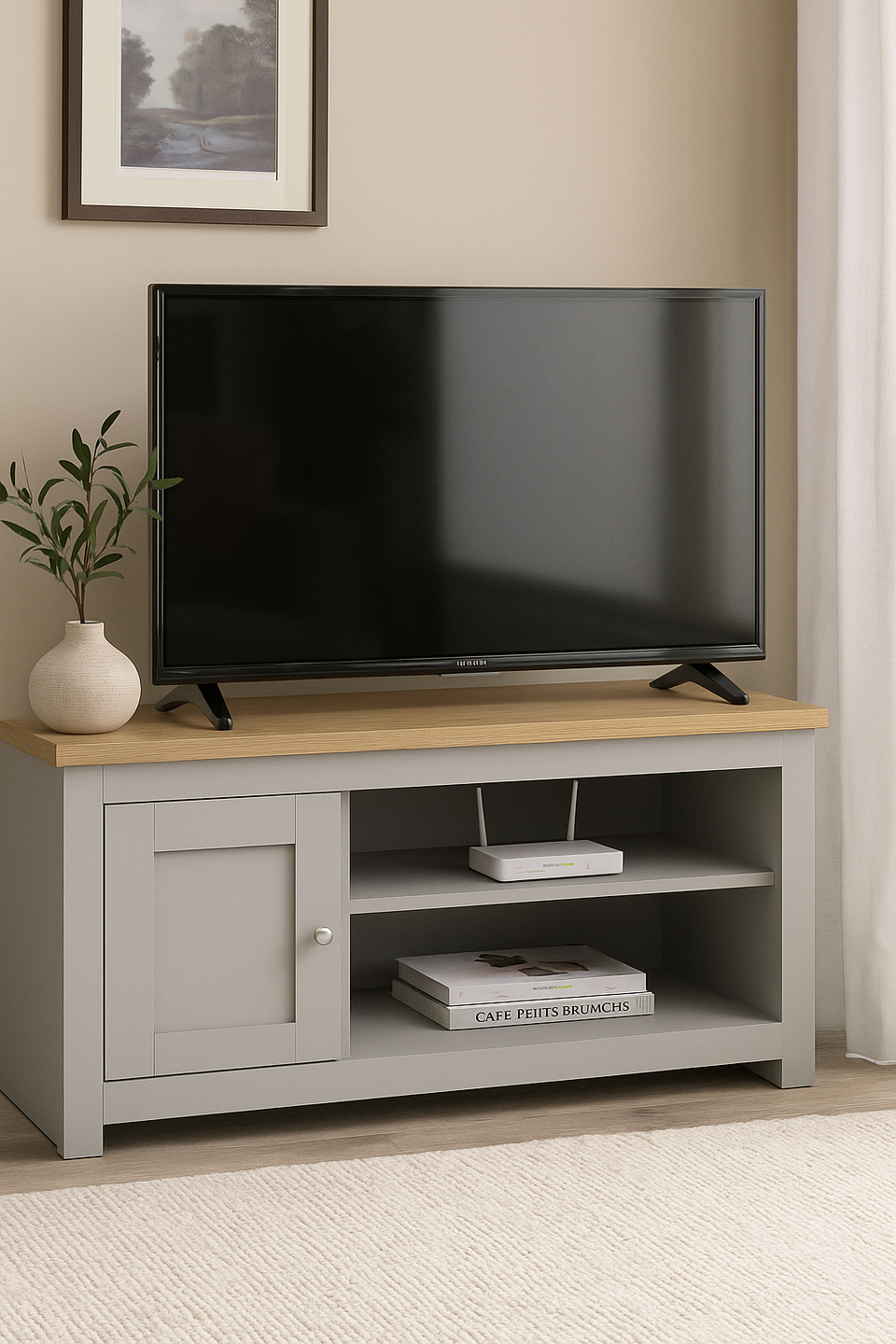 TV Stand Cabinet Unit – Modern TV Unit with 1 Door and Open Shelf in Light Grey with Cascading Oak Top
