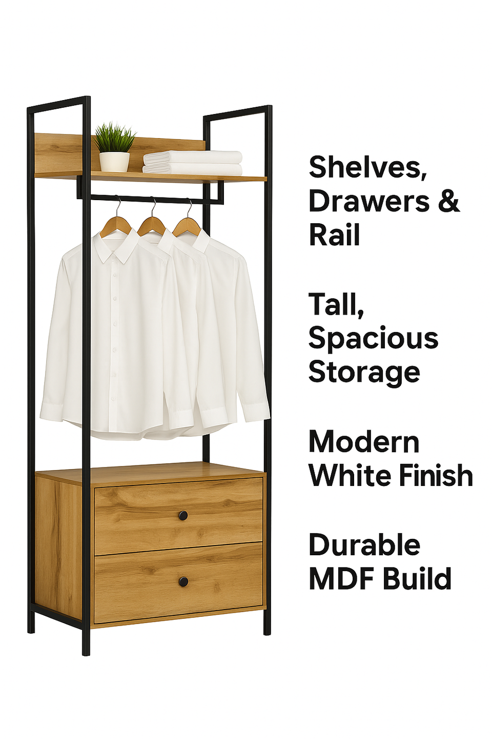 Open Wardrobe with 2 Drawers 2 Shelves Wardrobe Storage with Hanging Rail and Shelving Small Space