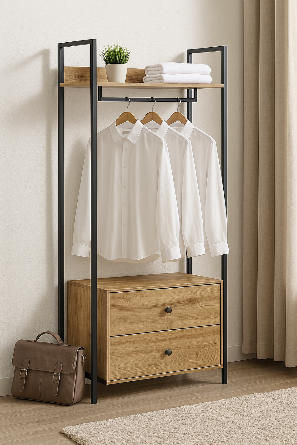Open Wardrobe with 2 Drawers 2 Shelves Wardrobe Storage with Hanging Rail and Shelving Small Space
