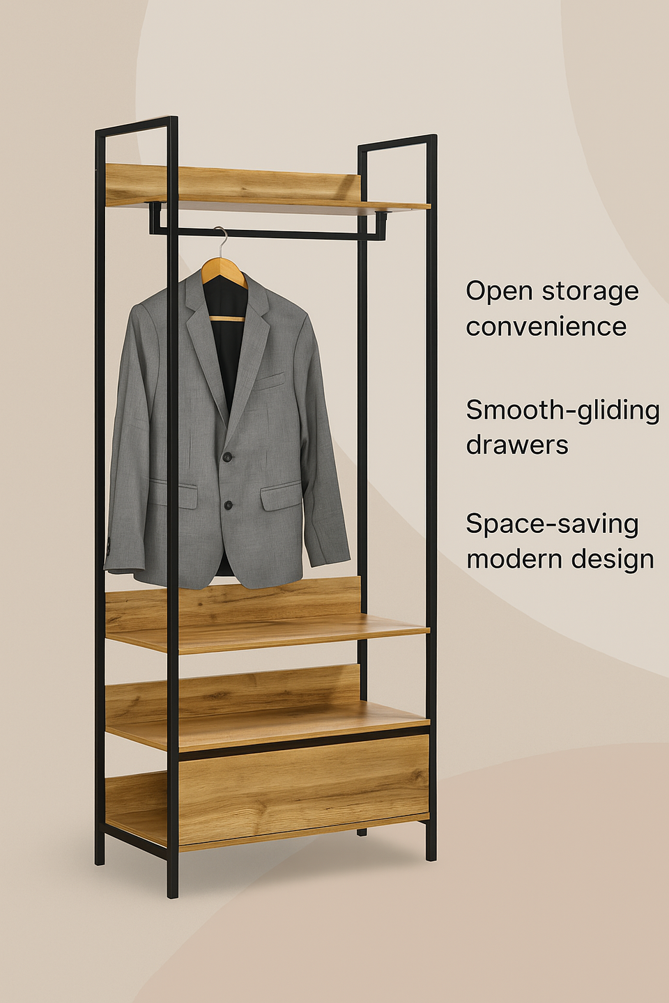 Open Wardrobe with 4 Shelves Wardrobe Storage with Hanging Rail for Small Space Solutions Oak Effect