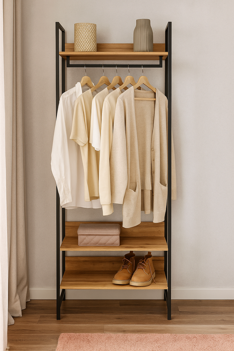 Open Wardrobe with 4 Shelves Wardrobe Storage with Hanging Rail for Small Space Solutions Oak Effect