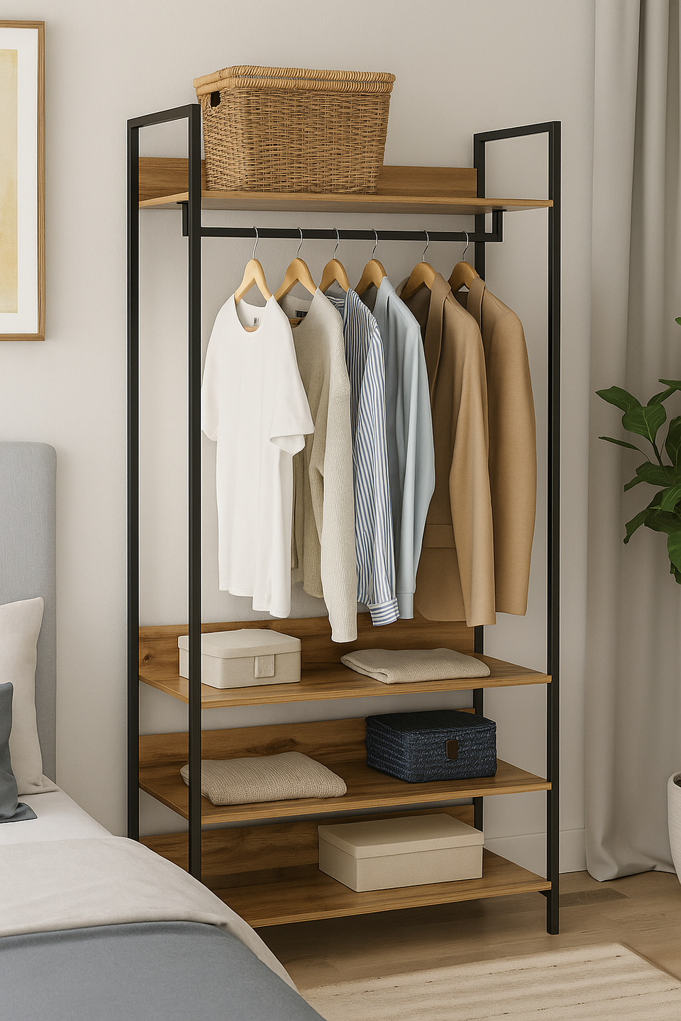 Open Wardrobe with 4 Shelves Wardrobe Storage with Hanging Rail for Small Space Solutions Oak Effect