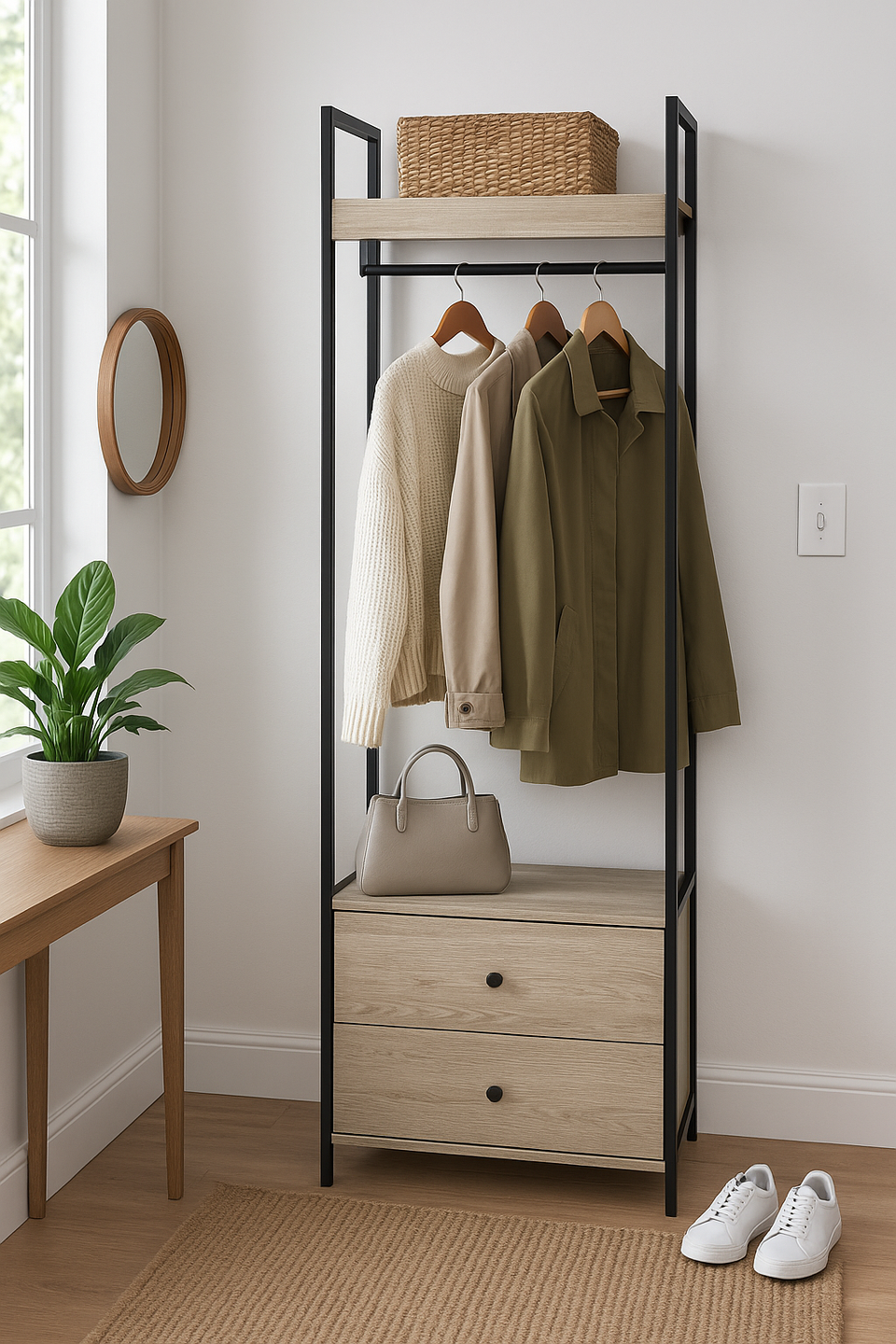 Open Wardrobe with 2 Drawers  2 Shelves – Wardrobe Storage with Hanging Space and Shelving
