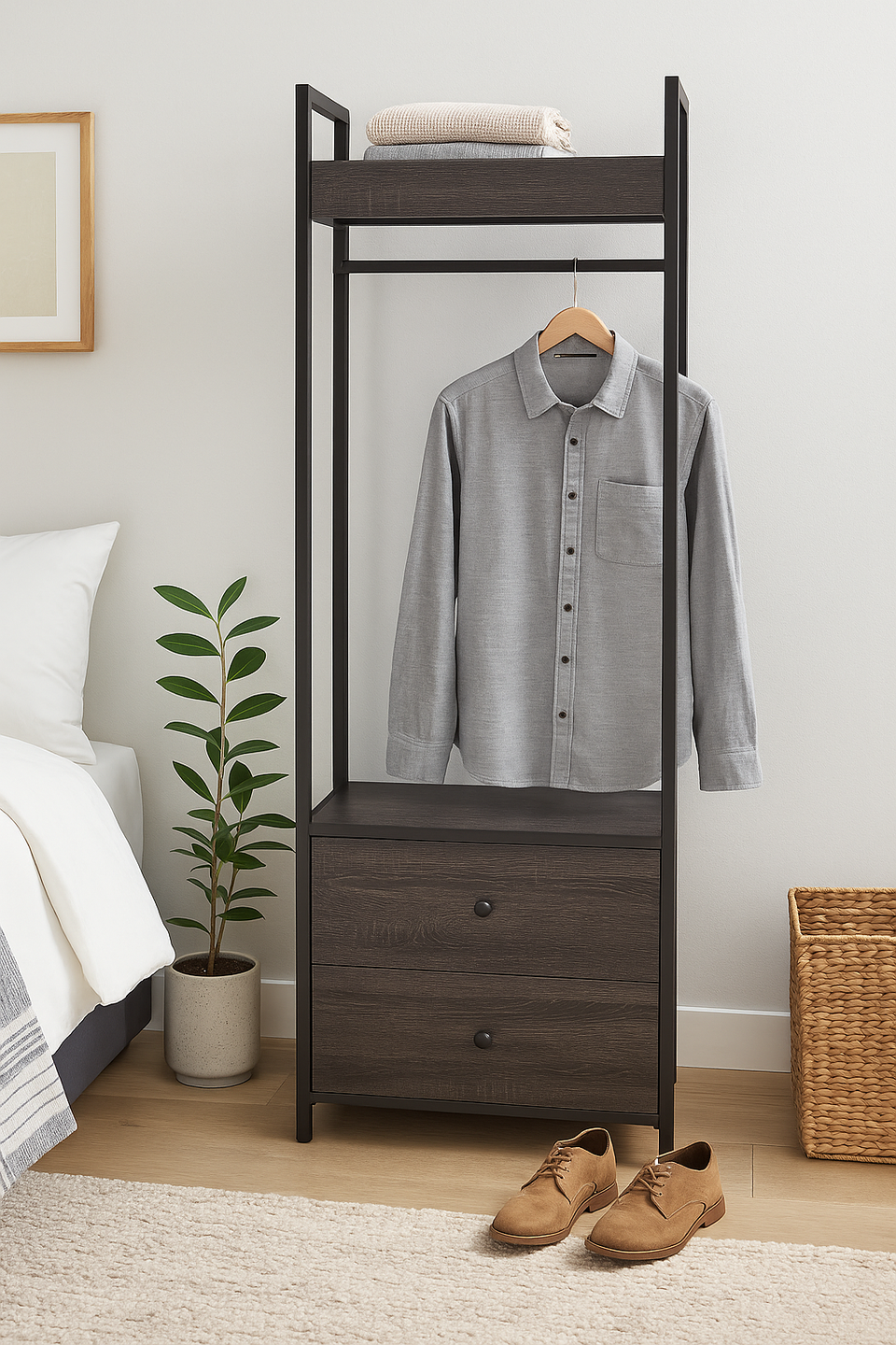 Open Wardrobe with 2 Drawers  2 Shelves – Wardrobe Storage with Hanging Space and Shelving