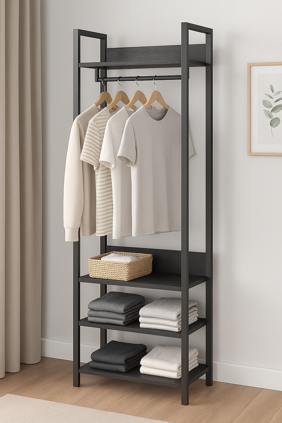Open Wardrobe with 4 Shelves Wardrobe Storage with Hanging Rail for Small Space Solutions