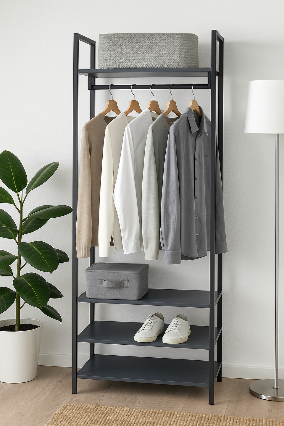 Open Wardrobe with 4 Shelves Wardrobe Storage and Hanging Rail for Small Space Solutions