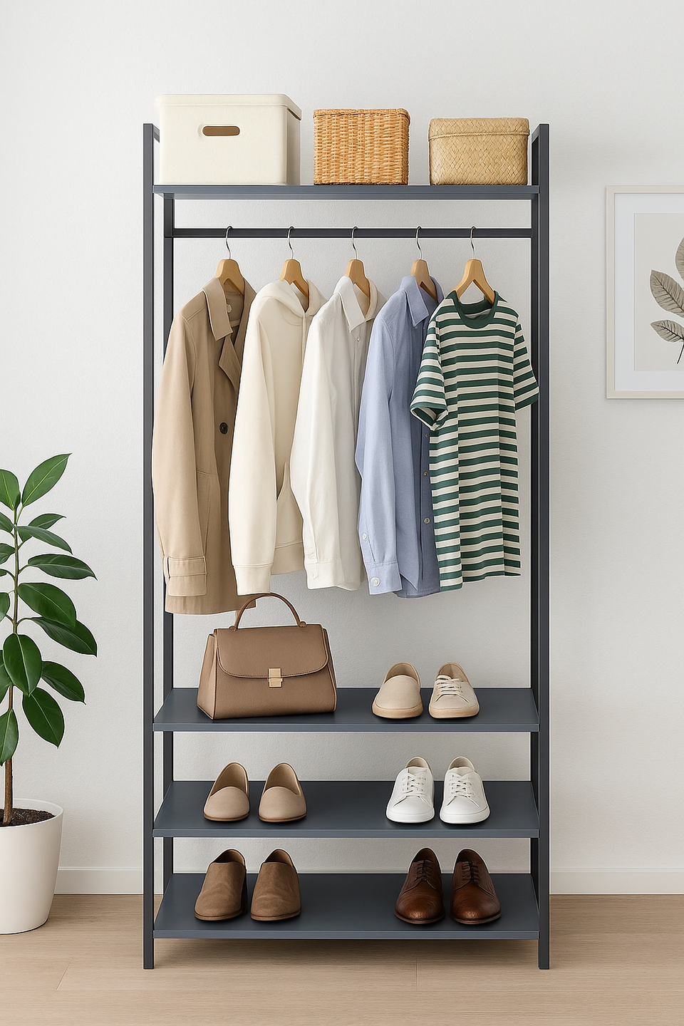 Open Wardrobe with 4 Shelves Wardrobe Storage and Hanging Rail for Small Space Solutions