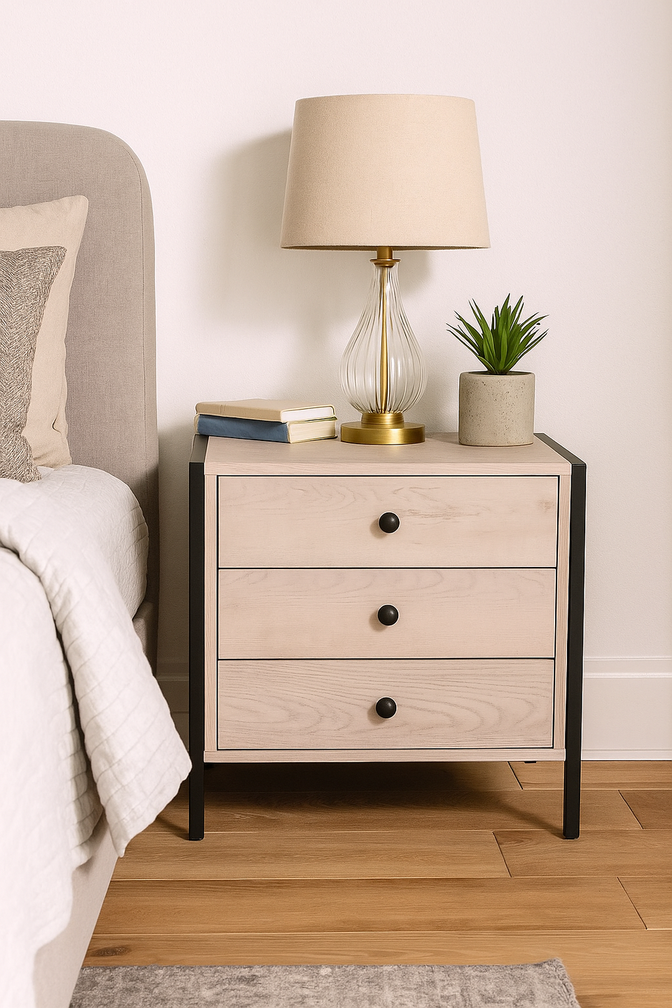 Modern Ash Oak Nightstand with 3 Drawers Stylish Bedside Table for Contemporary Bedrooms