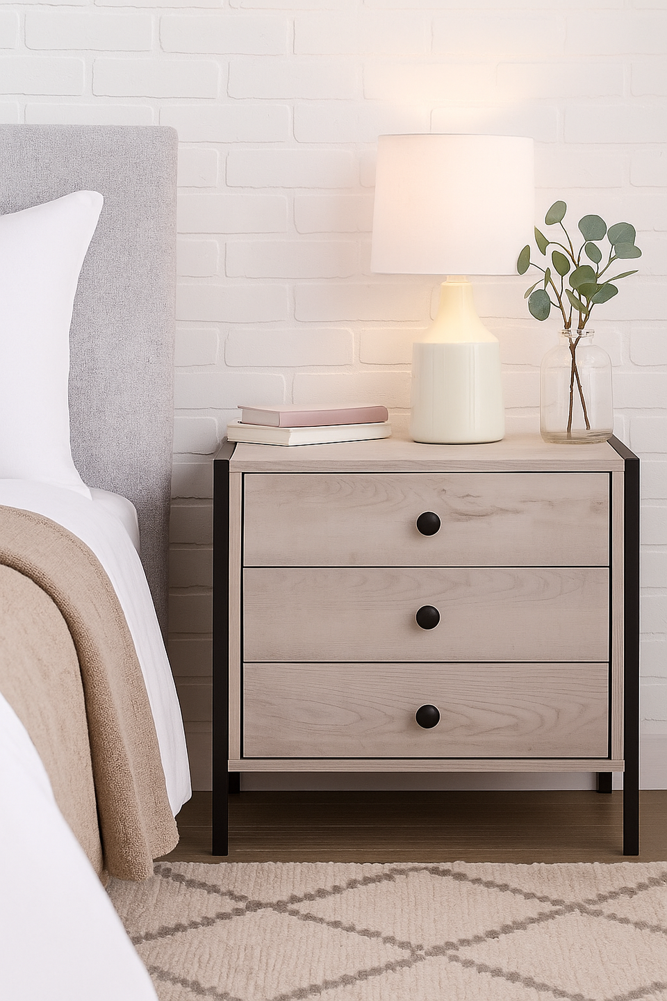 Modern Ash Oak Nightstand with 3 Drawers Stylish Bedside Table for Contemporary Bedrooms