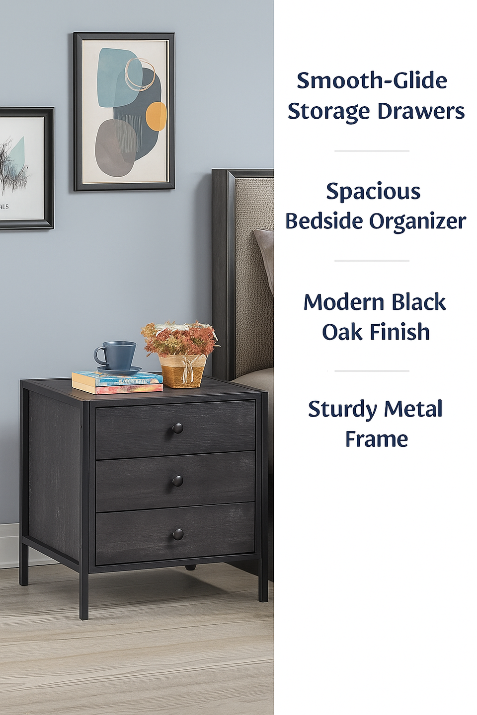 Modern Black Nightstand with 3 Drawers Stylish Bedside Table for Contemporary Bedrooms