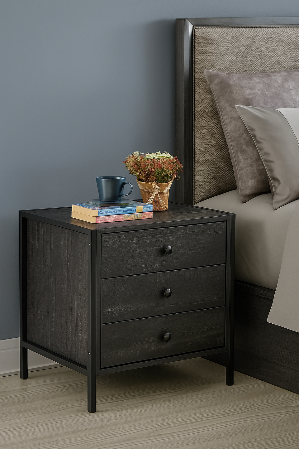 Modern Black Nightstand with 3 Drawers Stylish Bedside Table for Contemporary Bedrooms