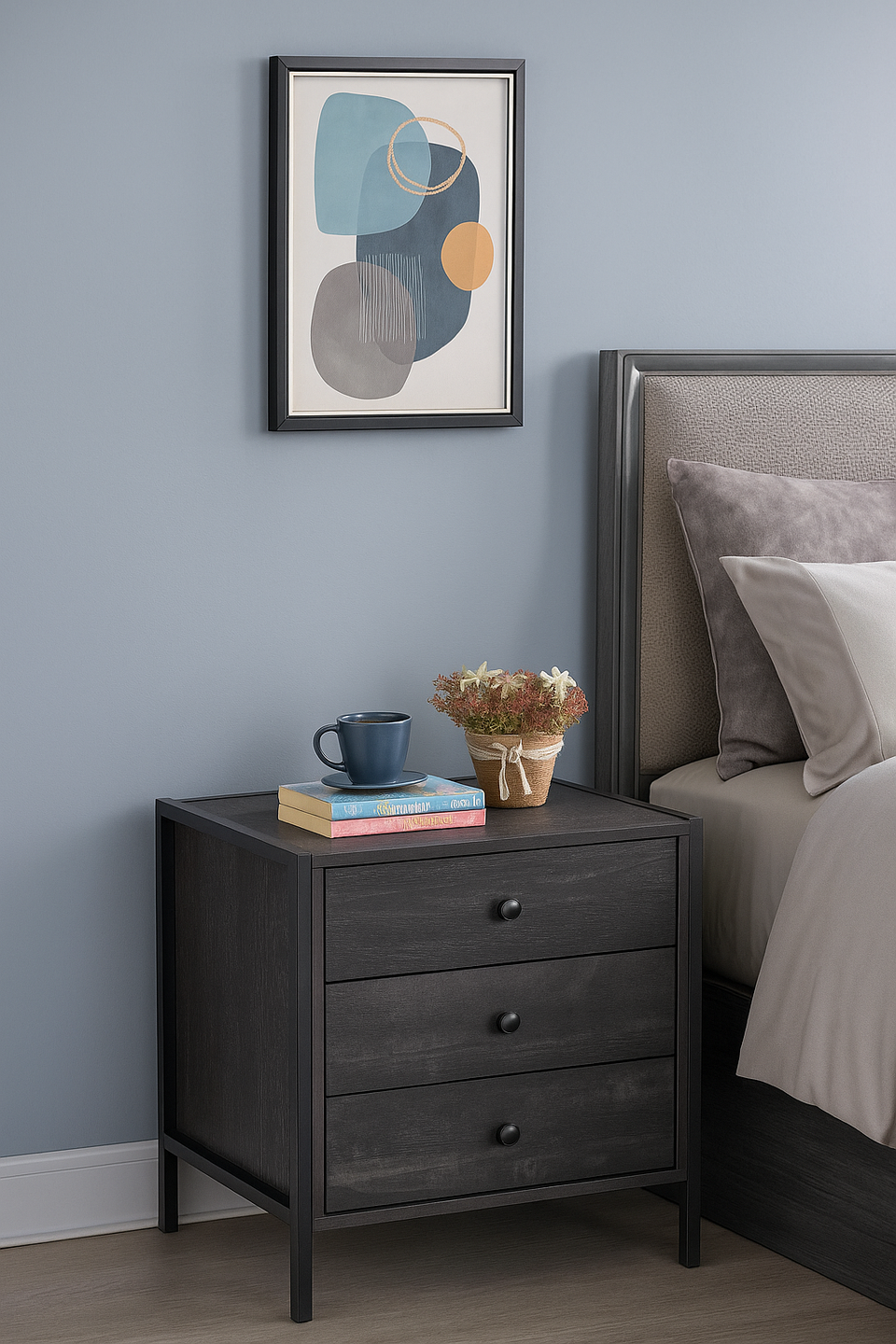 Modern Black Nightstand with 3 Drawers Stylish Bedside Table for Contemporary Bedrooms