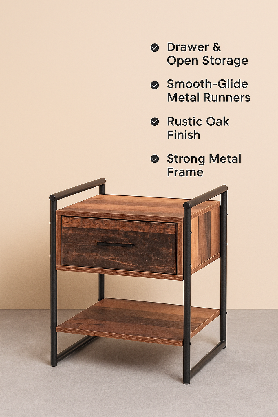 Modern Rustic Nightstand Bedside Table with 1 Drawer and Shelf – Ideal for Lamps and Storage
