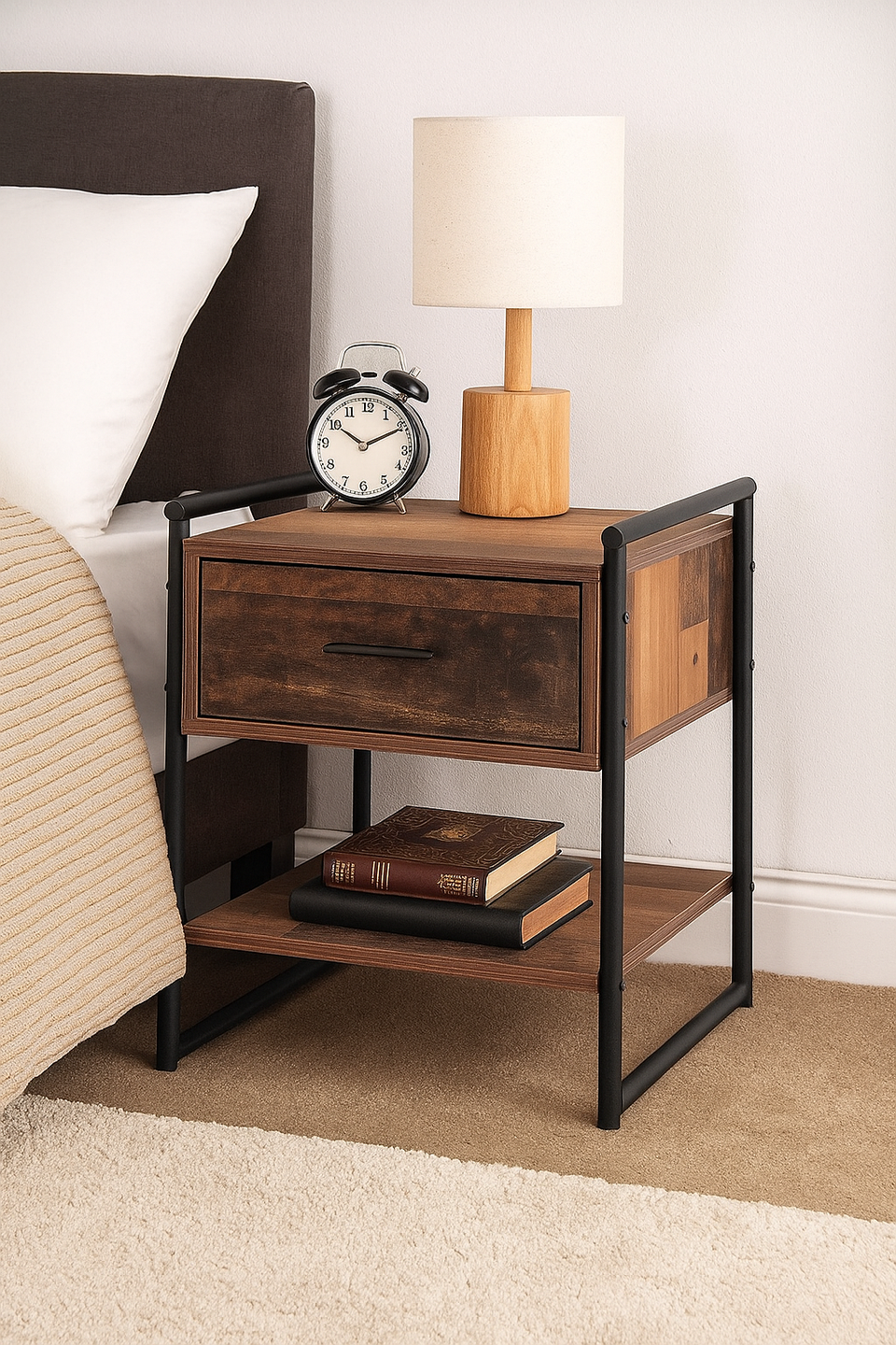 Modern Rustic Nightstand Bedside Table with 1 Drawer and Shelf – Ideal for Lamps and Storage