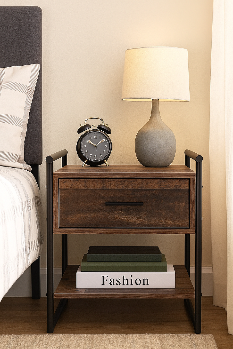Modern Rustic Nightstand Bedside Table with 1 Drawer and Shelf – Ideal for Lamps and Storage
