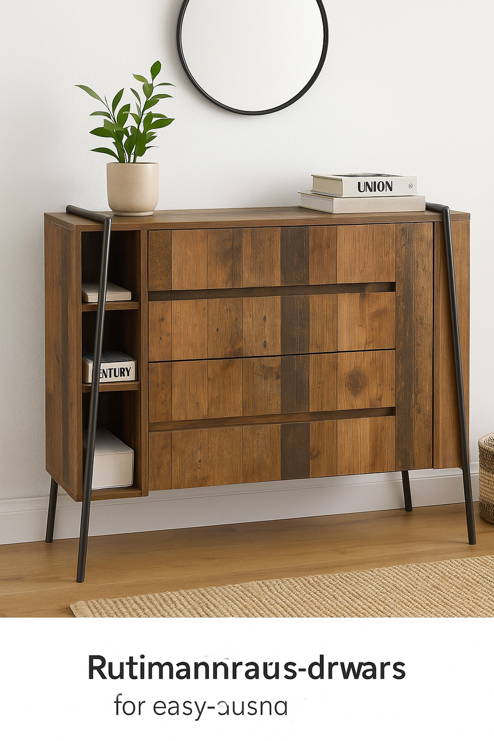 4 Drawer Chest of Drawers Bedroom Storage Cabinet with Metal Frame-  Rustic