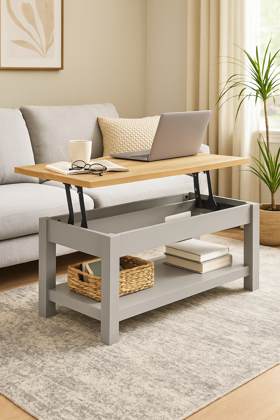 Rectangular Coffee Table for Living Room Grey Lift Up Coffee Table with Storage