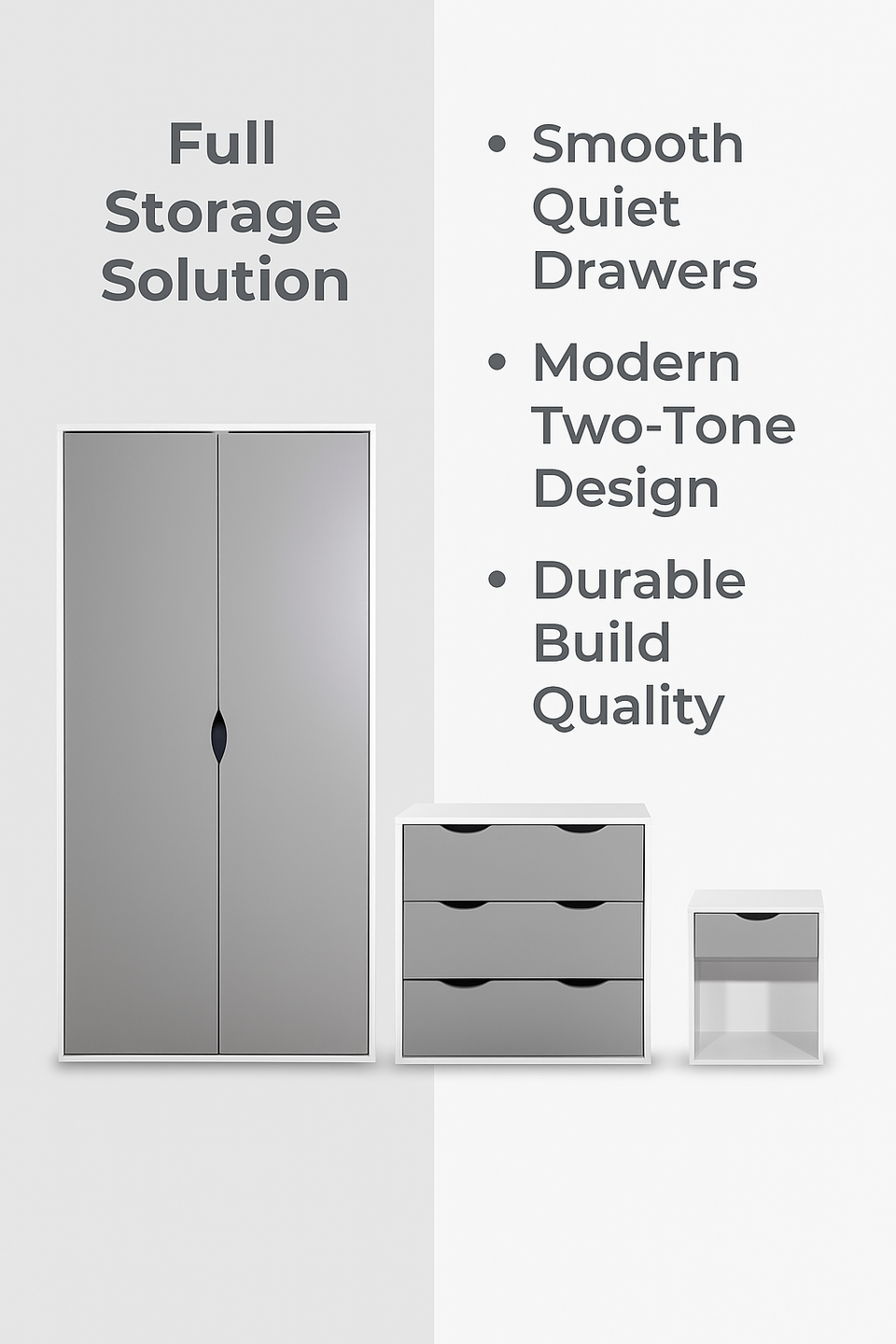 4 Piece Bedroom Set 3+2 Wardrobe Storage Hanging Door Cupboard With Shelving Drawer- White and Grey