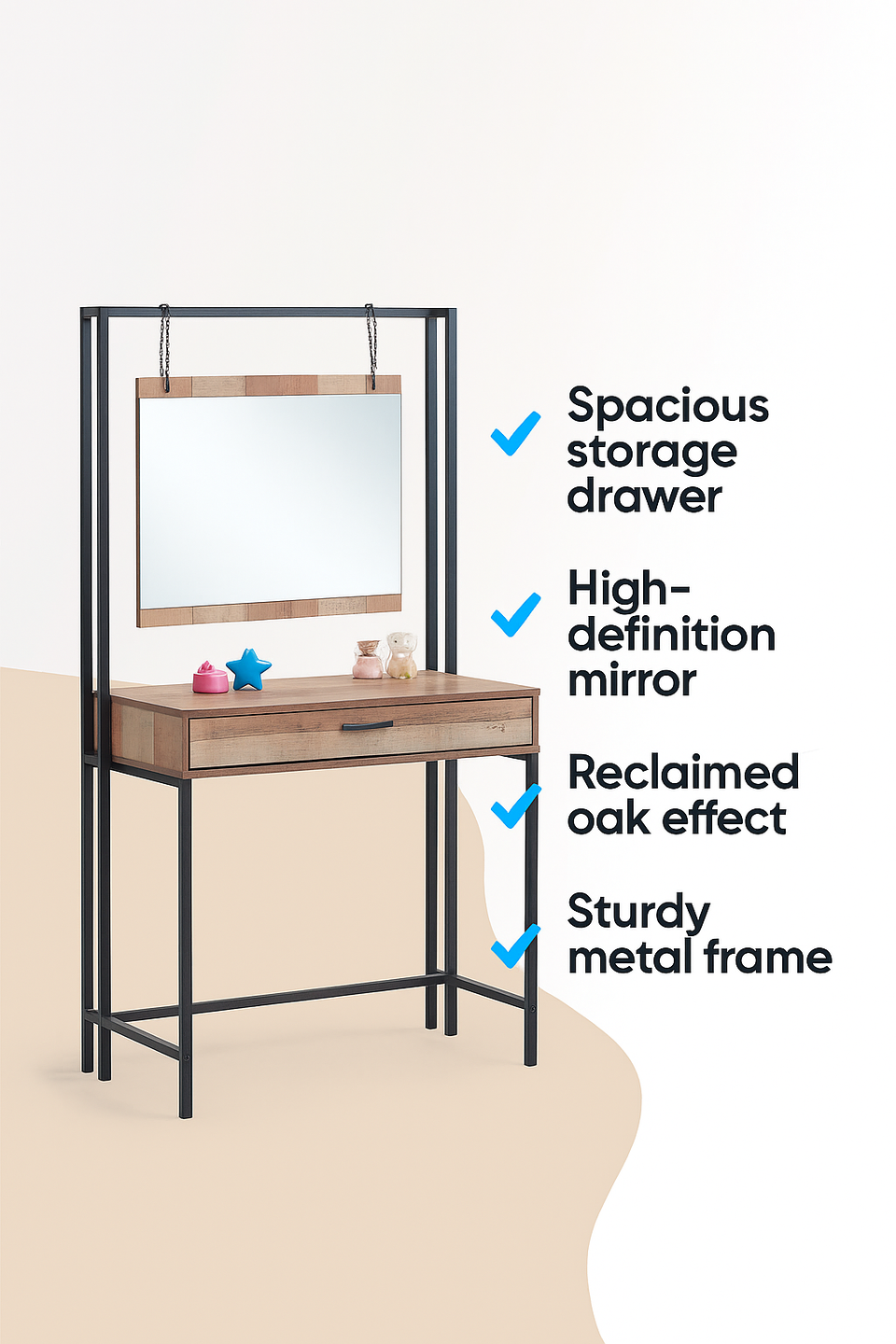 Rustic Industrial Dressing Table with Mirror Makeup Desk Vanity Table