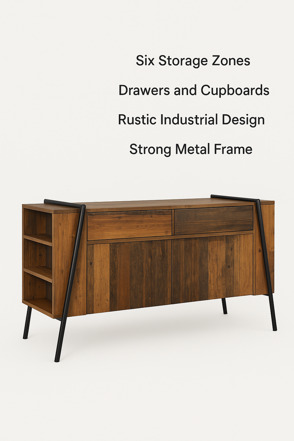 Sideboard Cabinet with 2 Doors, 2 Drawers, and Open Storage Living Room and Dining Room Furniture  Rustic