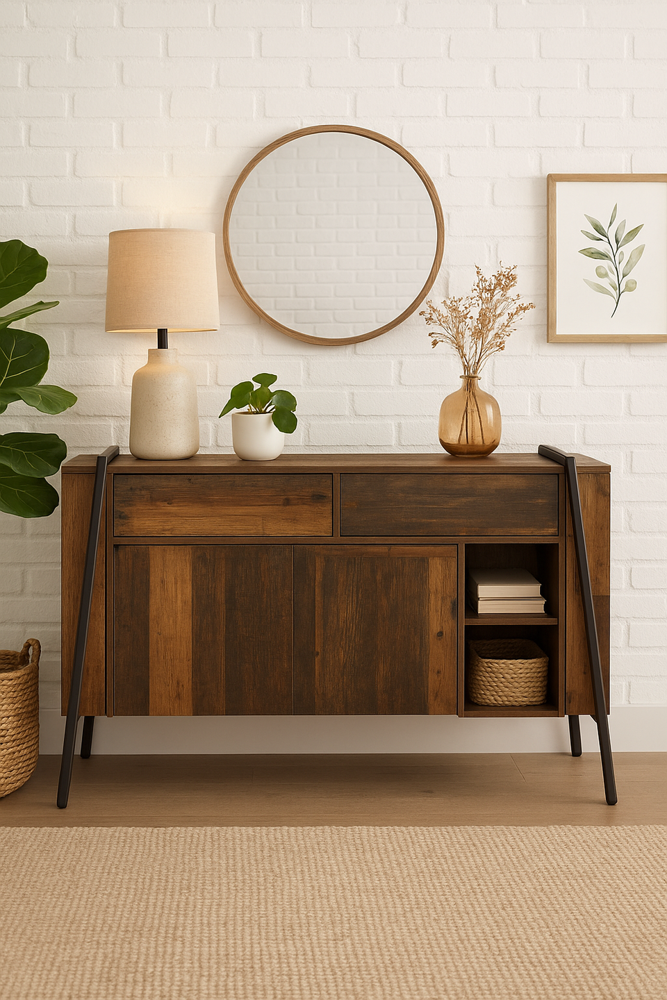 Sideboard Cabinet with 2 Doors, 2 Drawers, and Open Storage Living Room and Dining Room Furniture  Rustic