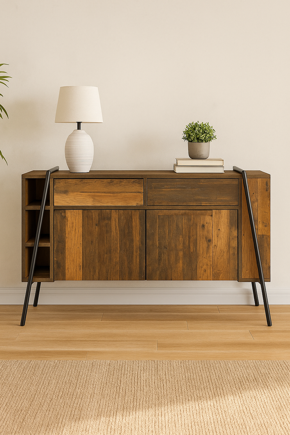 Sideboard Cabinet with 2 Doors, 2 Drawers, and Open Storage Living Room and Dining Room Furniture  Rustic
