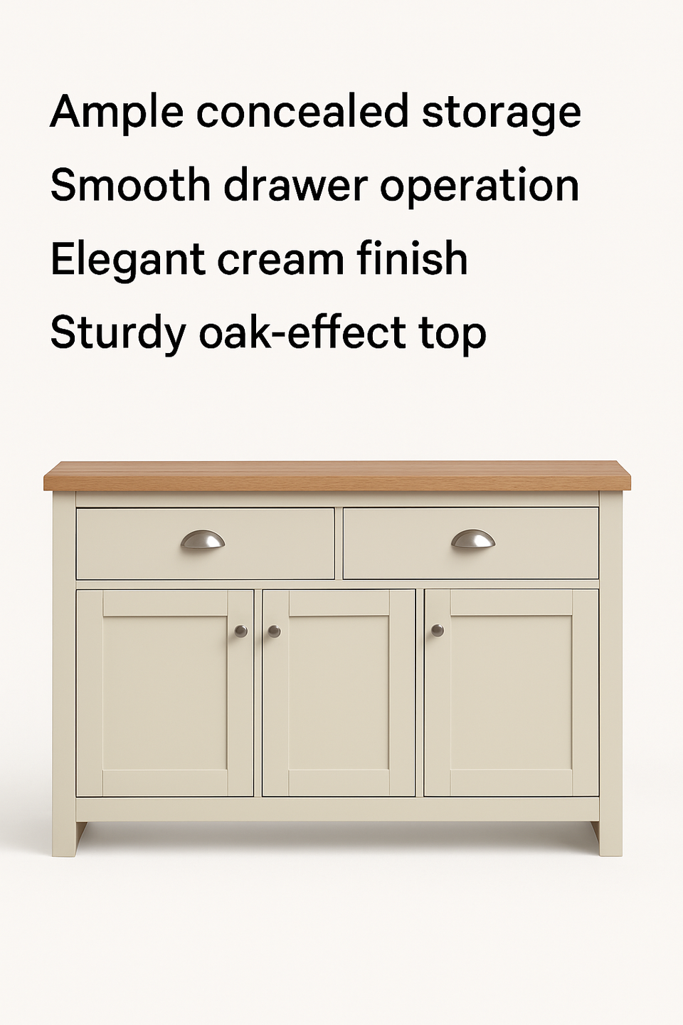 Cream Sideboard Cabinet with Oak Top – 3 Door 2 Drawer Storage Unit for Living or Dining Room