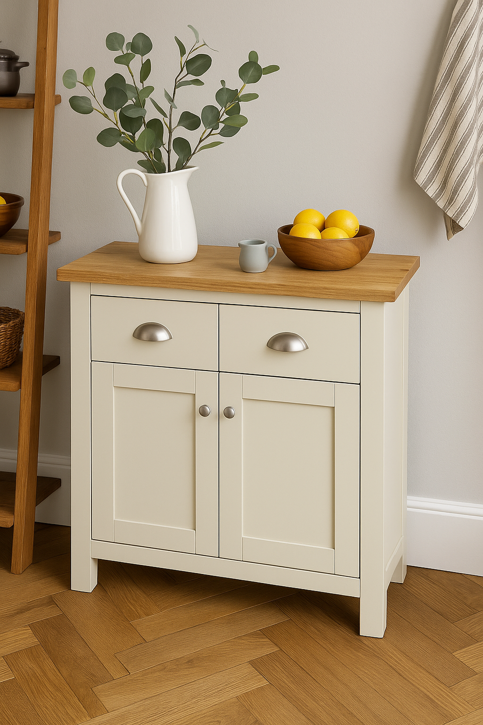 Sideboard Cabinet with 2 Doors and 2 Solid Drawers Storage Buffet Unit for Living and Dining Room Furniture in Cream