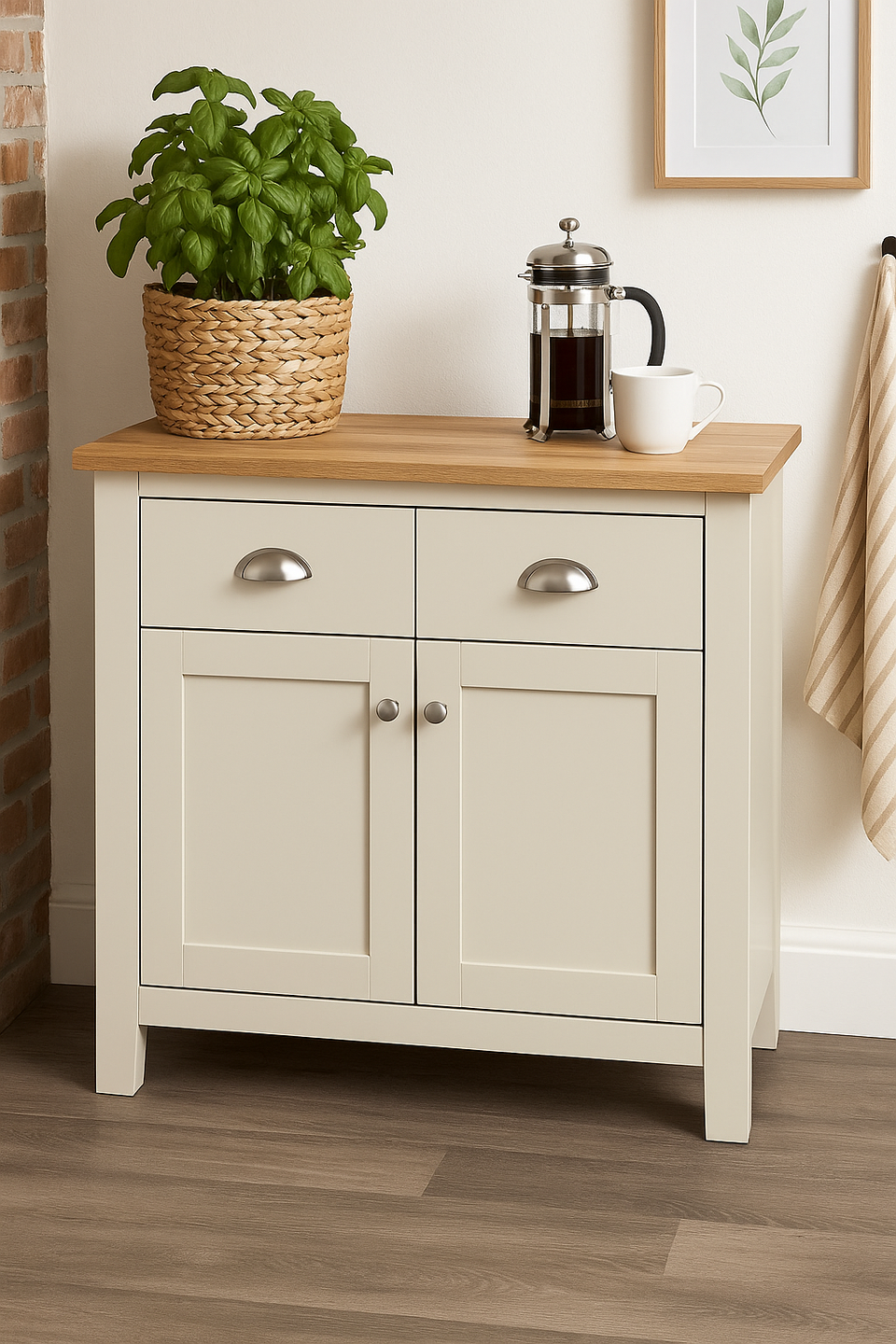 Sideboard Cabinet with 2 Doors and 2 Solid Drawers Storage Buffet Unit for Living and Dining Room Furniture in Cream