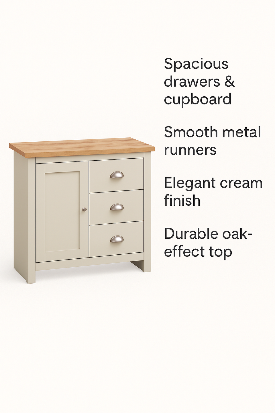 Sideboard Cabinet with 1 Door and 3 Solid Drawers Storage Buffet Unit for Living and Dining Room Furniture in Cream