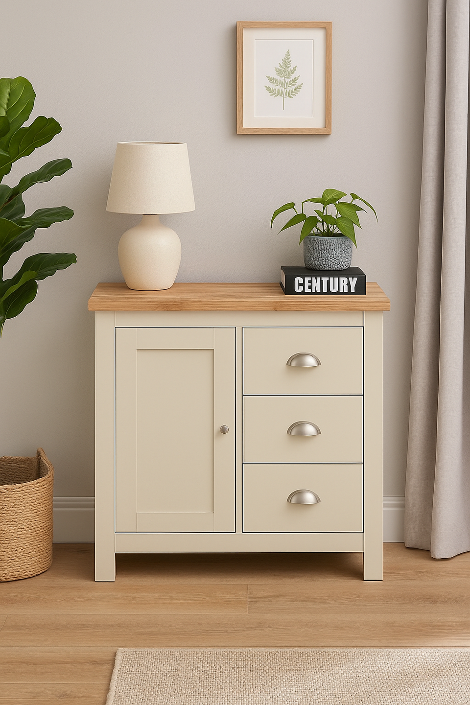 Sideboard Cabinet with 1 Door and 3 Solid Drawers Storage Buffet Unit for Living and Dining Room Furniture in Cream