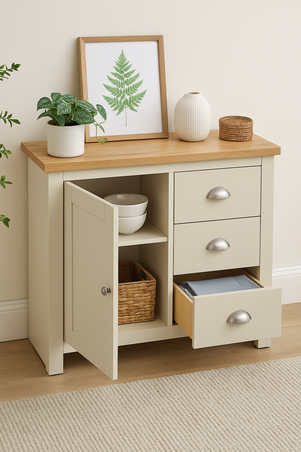 Sideboard Cabinet with 1 Door and 3 Solid Drawers Storage Buffet Unit for Living and Dining Room Furniture in Cream