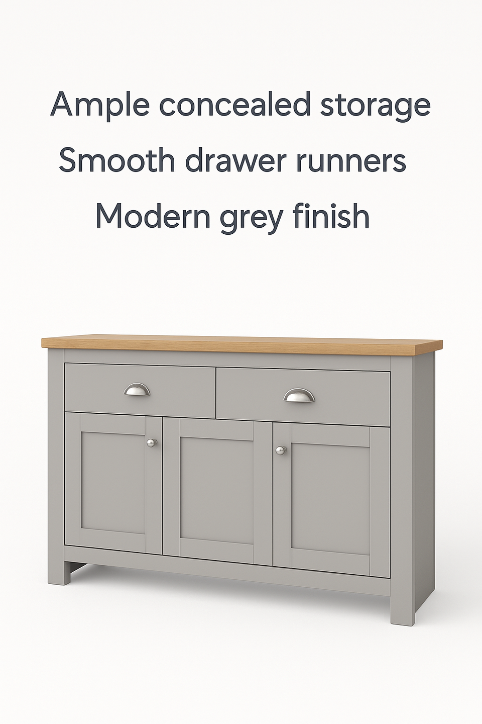 Grey Sideboard Cabinet with Oak Top – 3 Door 2 Drawer Storage Unit for Dining or Living Room
