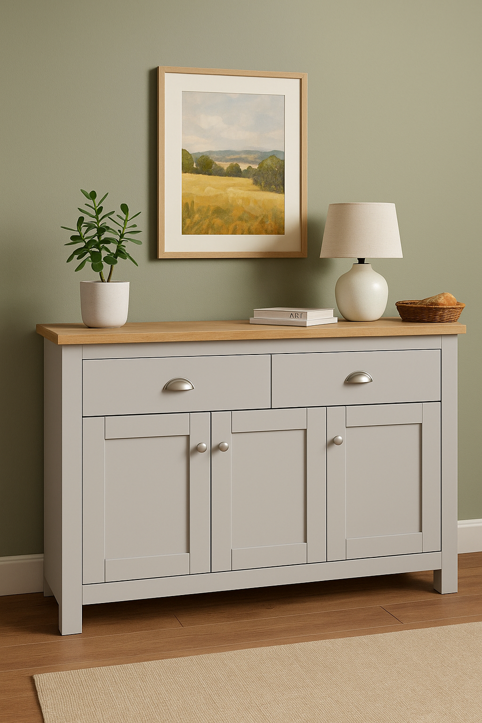 Grey Sideboard Cabinet with Oak Top – 3 Door 2 Drawer Storage Unit for Dining or Living Room