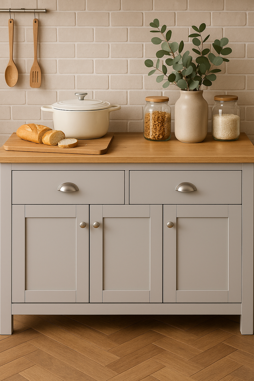 Grey Sideboard Cabinet with Oak Top – 3 Door 2 Drawer Storage Unit for Dining or Living Room
