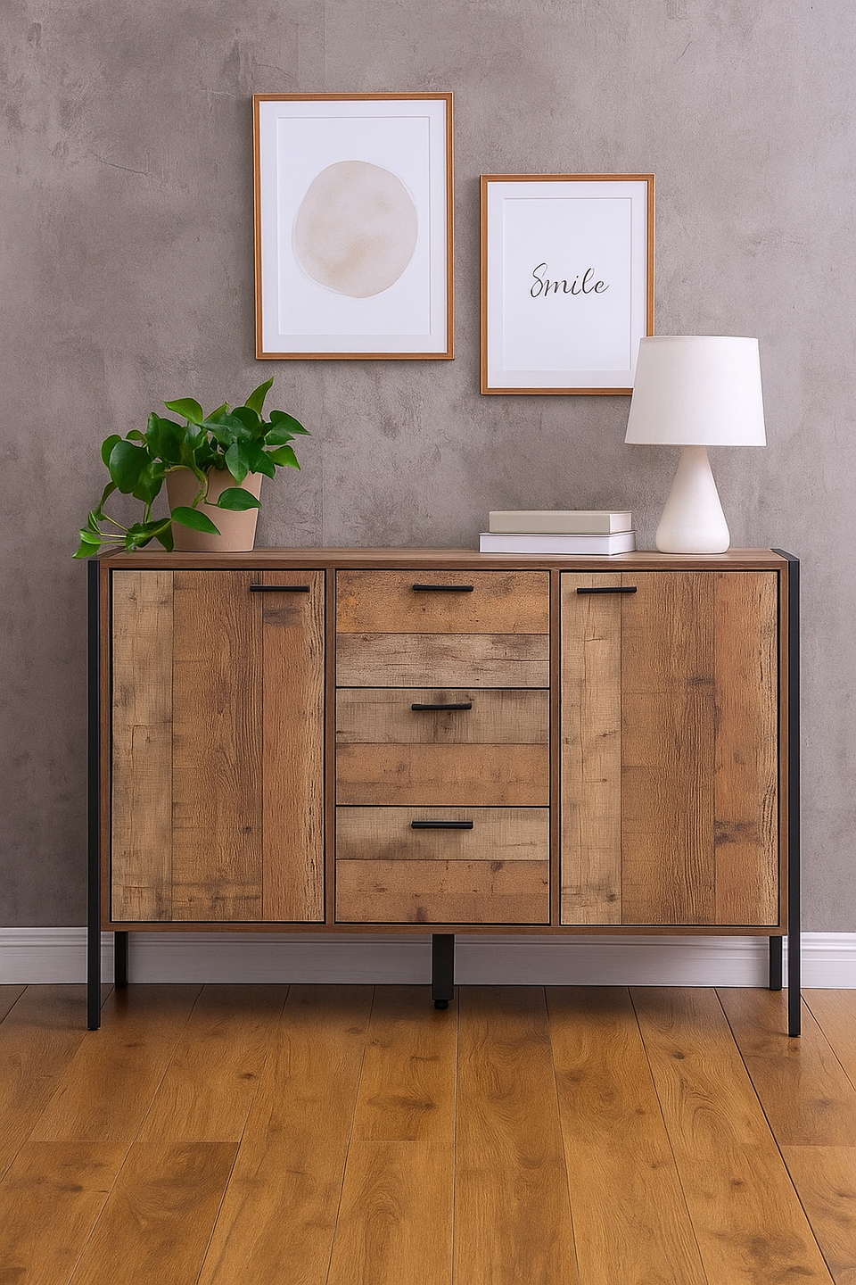 Rustic Industrial Sideboard Cabinet 2 Door  3 Drawer Buffet Storage Unit for Living and Dining Room Furniture
