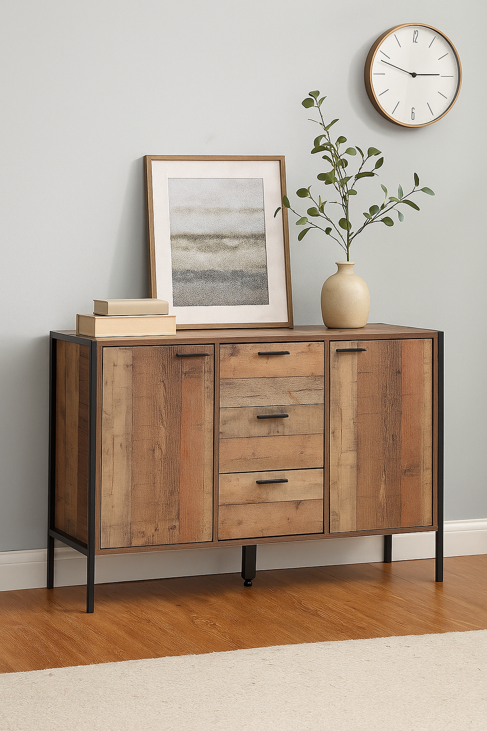 Rustic Industrial Sideboard Cabinet 2 Door  3 Drawer Buffet Storage Unit for Living and Dining Room Furniture