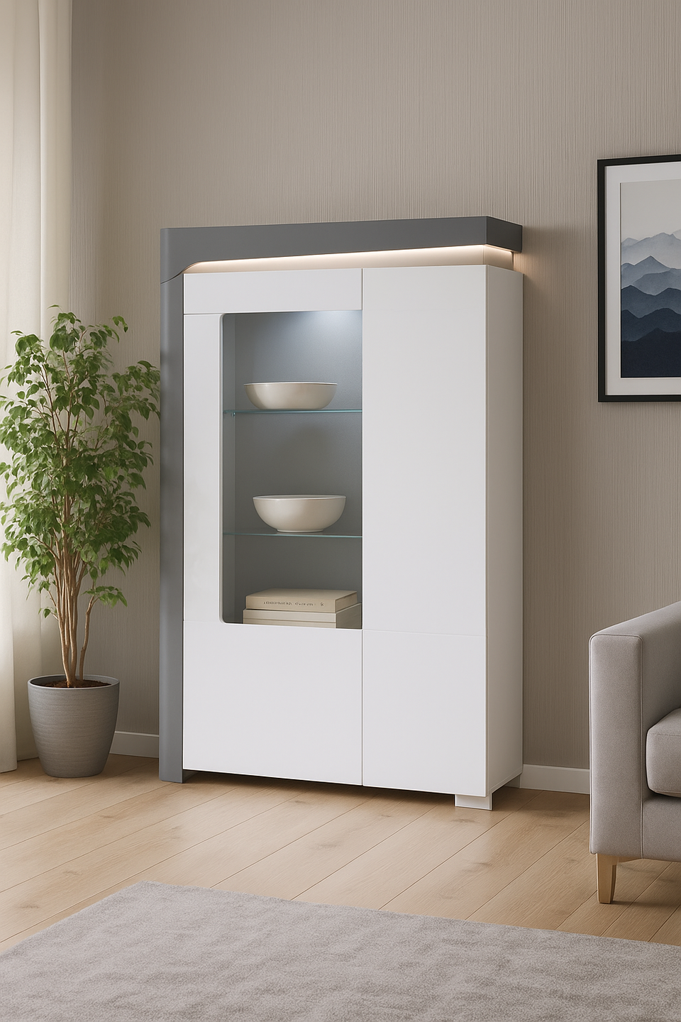 AlpenGlow Grey And White Gloss Low Wide Display Cabinet with LED Lights