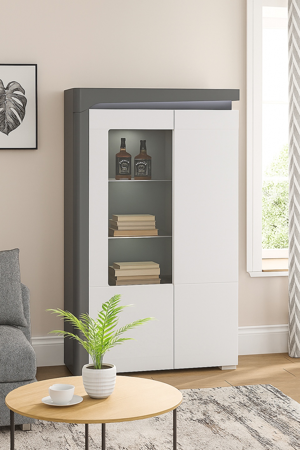 AlpenGlow Grey And White Gloss Low Wide Display Cabinet with LED Lights