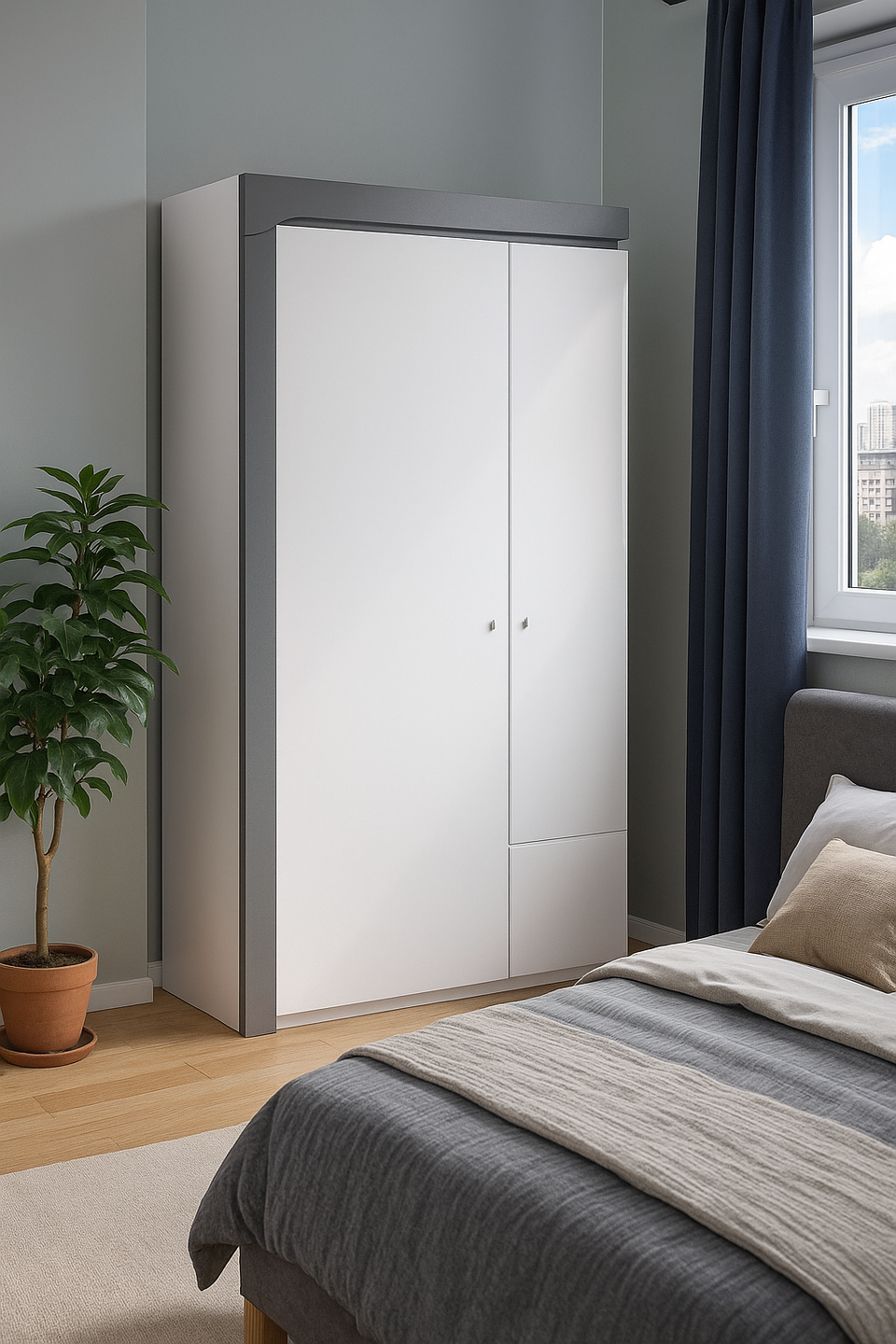 Grey and White Gloss 2 Door Wardrobe with LED Lights – 102 cm Wide