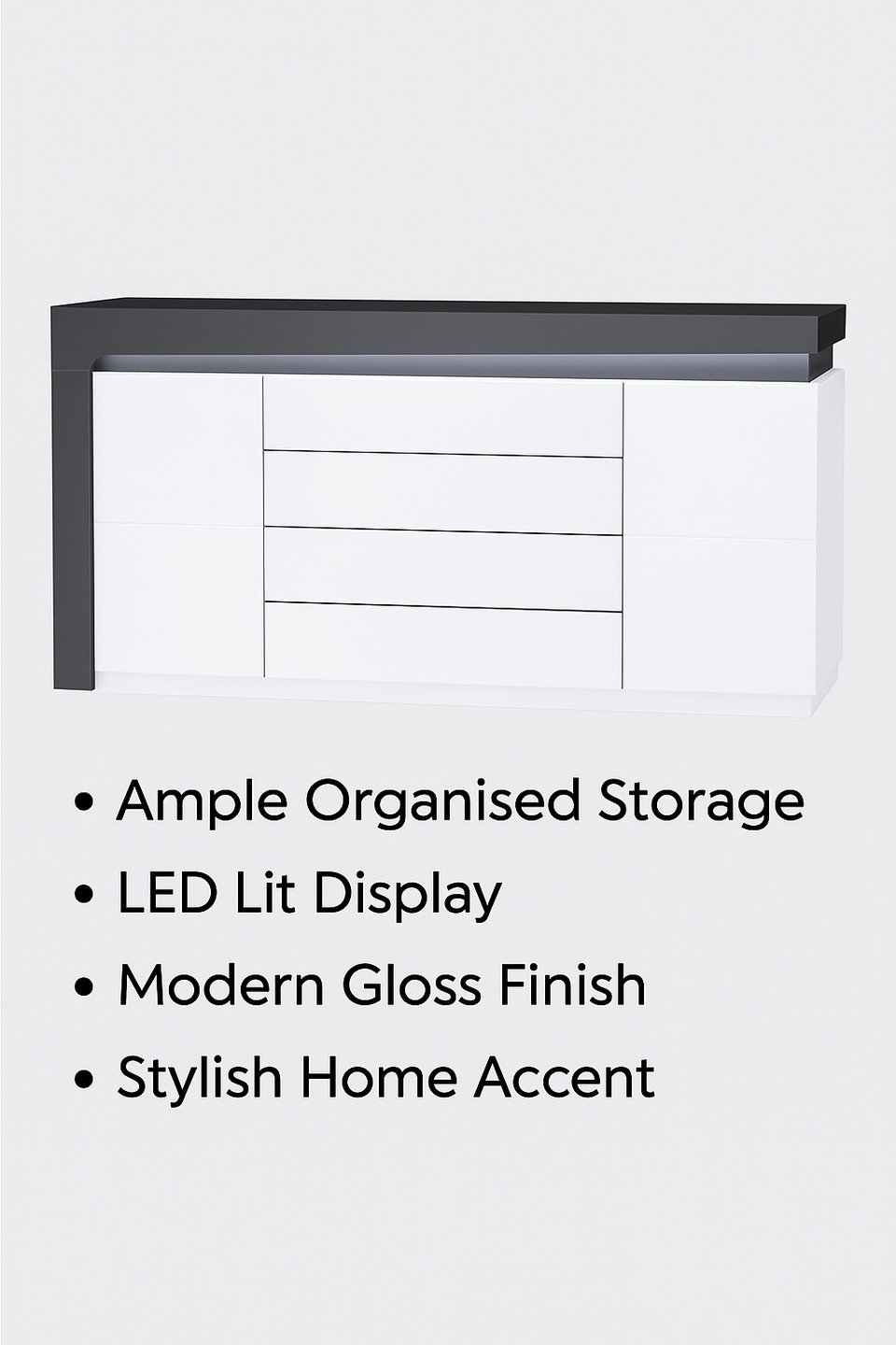 AlpenGlow Grey And White Gloss 2 Door and 4 Drawer Sideboard With Lights - Lavish Kitchen Isle