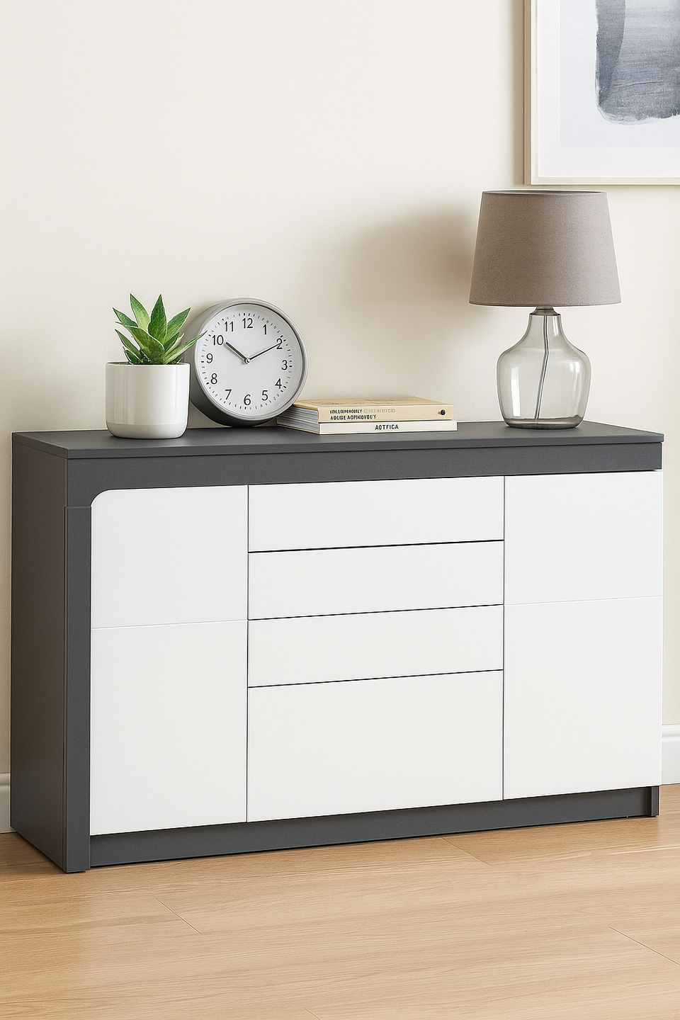 AlpenGlow Grey And White Gloss 2 Door and 4 Drawer Sideboard With Lights - Lavish Kitchen Isle