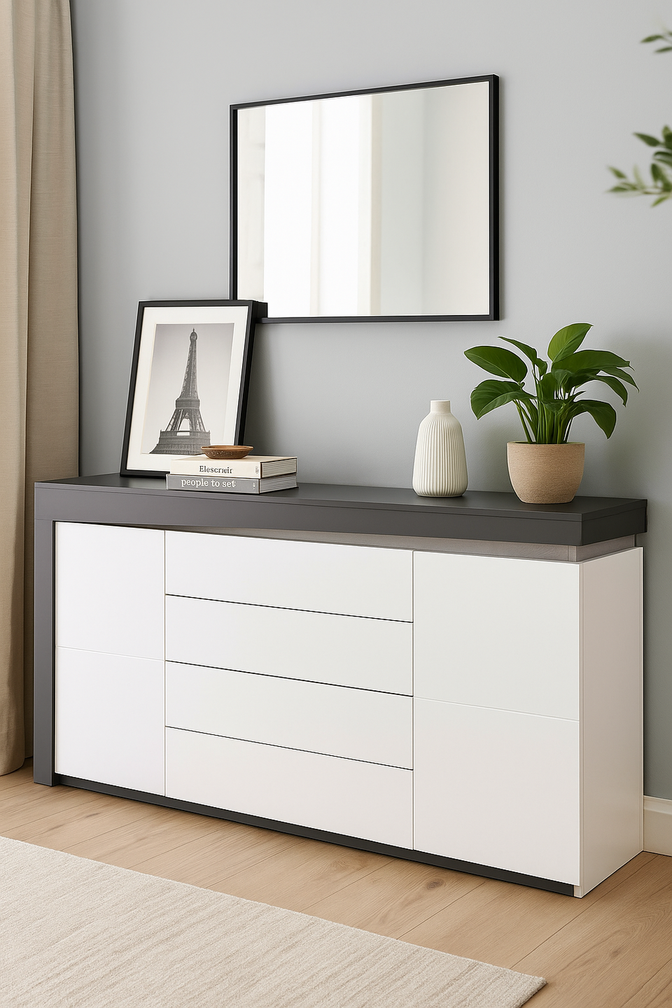 AlpenGlow Grey And White Gloss 2 Door and 4 Drawer Sideboard With Lights - Lavish Kitchen Isle