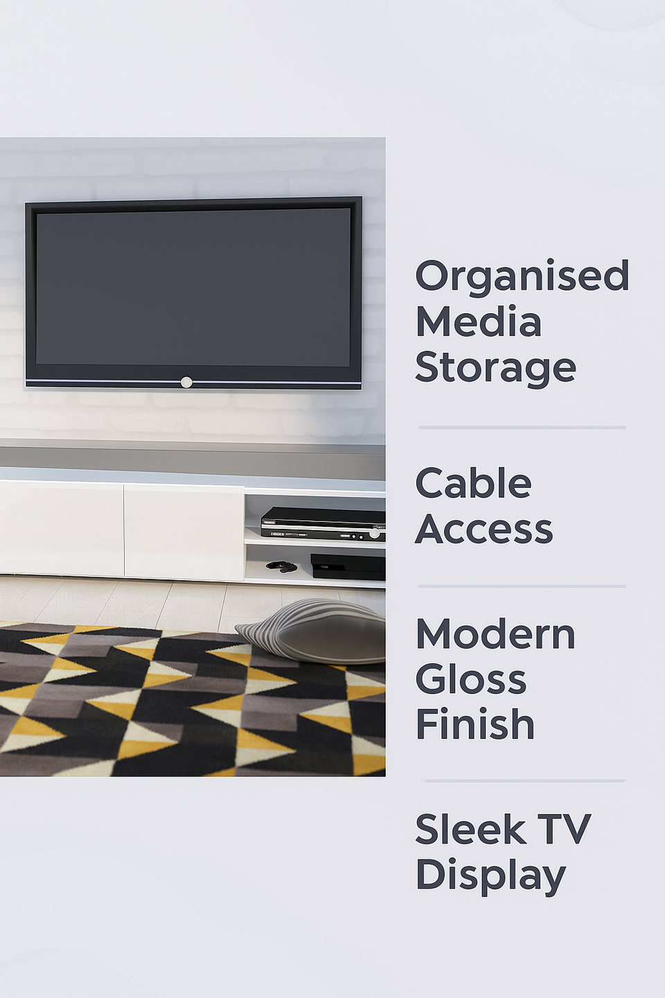Grey and white gloss TV stand cabinet with cupboards and shelf, 159cm wide, modern design by Lavish Kitchen Isle.