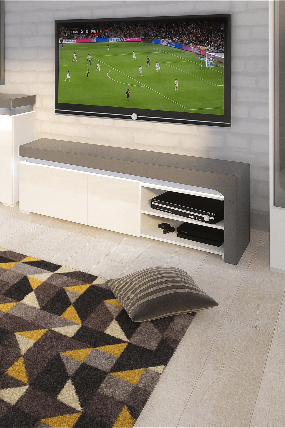 Grey and white gloss TV stand cabinet with cupboards and shelf, 159cm wide, modern design from Lavish Kitchen Isle