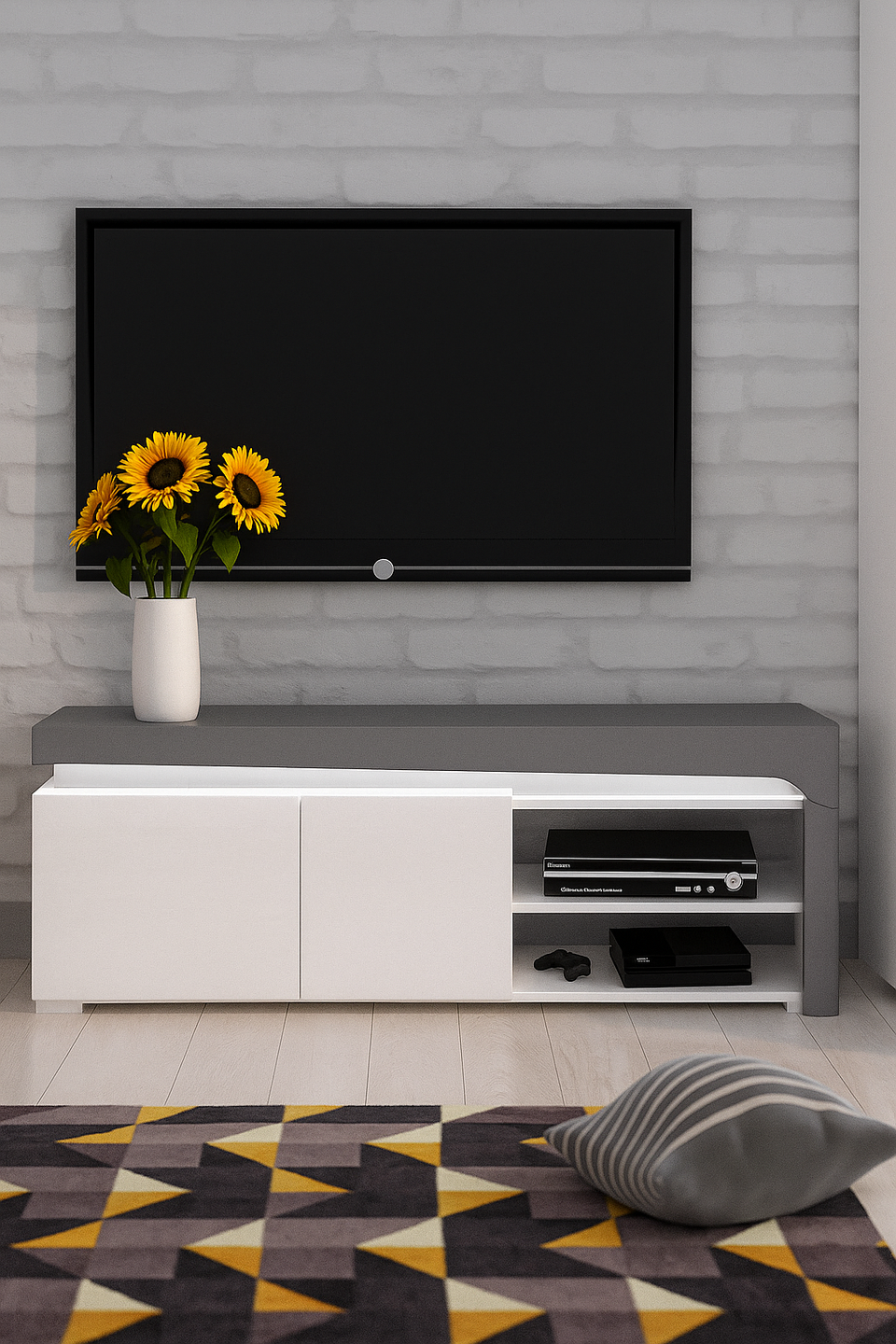 Grey and white gloss TV stand cabinet with cupboards and shelf, 159cm wide, modern design by Lavish Kitchen Isle