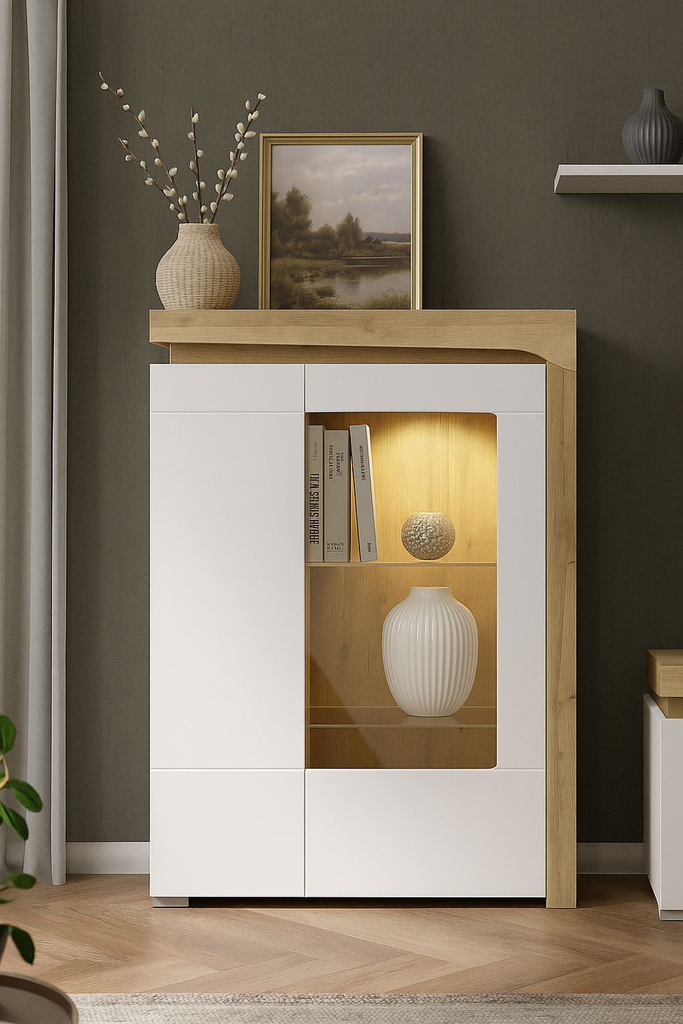 AlpenGlow White High Gloss And Oak Low Wide Display Cabinet With LED Lights